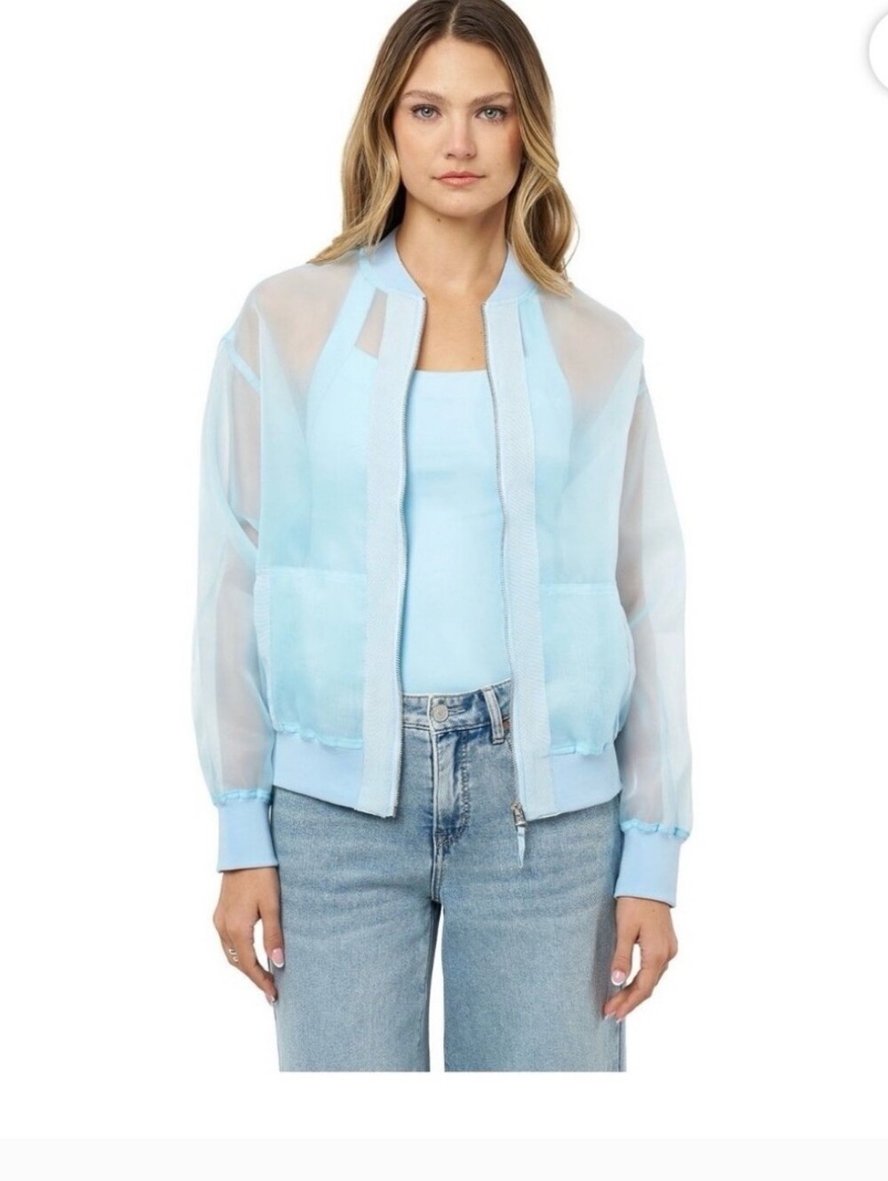 Edited Light Blue Sheer Bomber Jacket/ribbon Trim Full Zip Size XL PTP 28 In L24